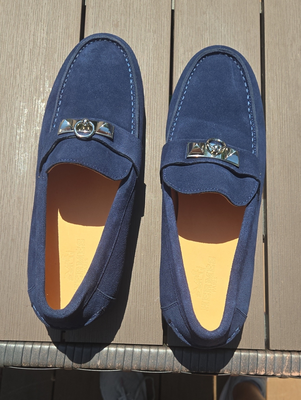 Hermes Navy Suede Loafers with Silver Hardware